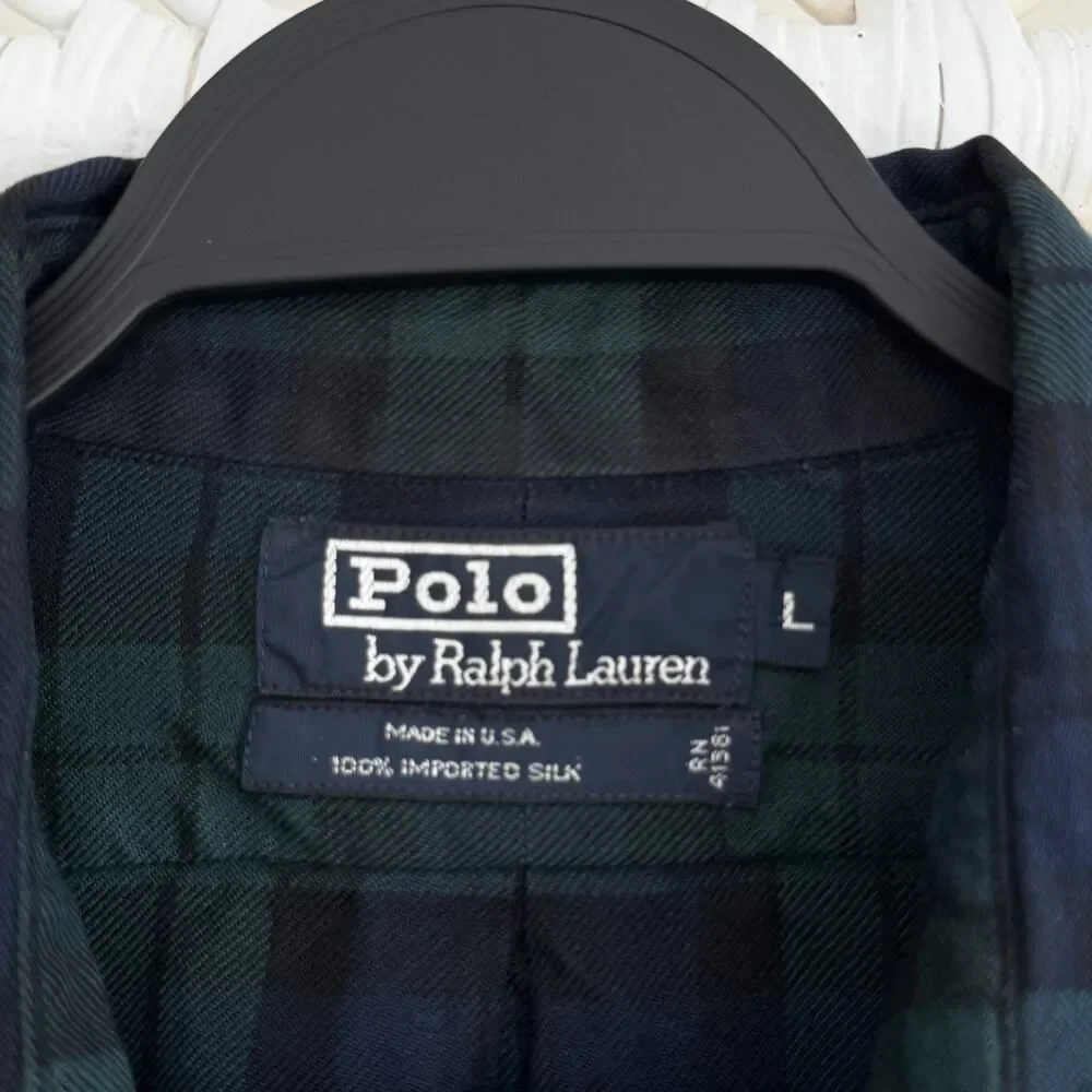 Ralph Lauren Shirt Mens Large Green Blue Tartan Blackwatch Silk Flannel USA Made